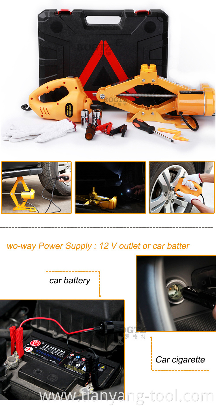 Chinese supplier CE IOS 2T DC12V portable electric screw scissor car Jack and impact wrench quick tire change